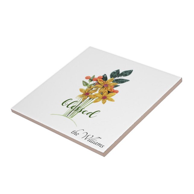 Quilled Autumn Flowers "blessed" Ceramic Tile (Side)