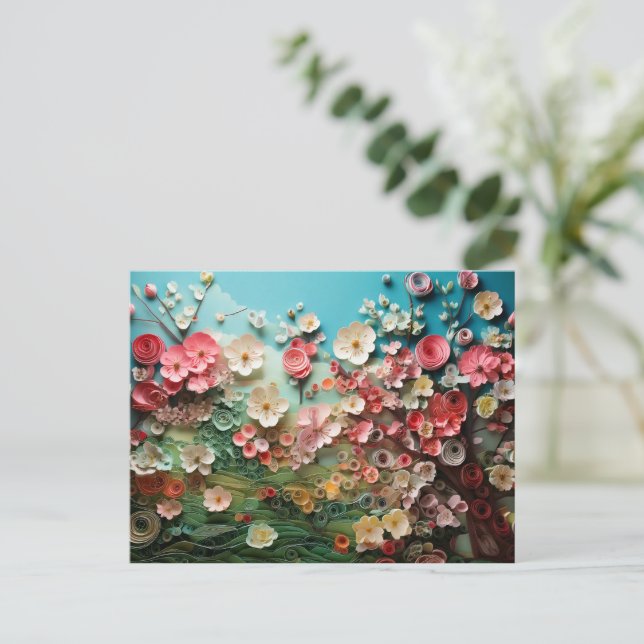 Quilled Cherry Blossom Art on Blue Postcard (Standing Front)