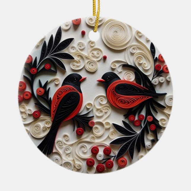 "Quilled Christmas Birds Ornament"  Ceramic Ornament (Front)