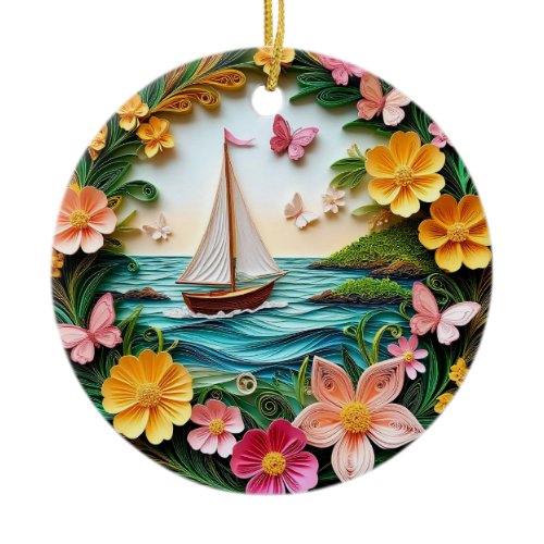 Quilled Nature Scene with Sailing Boat Ceramic Ornament