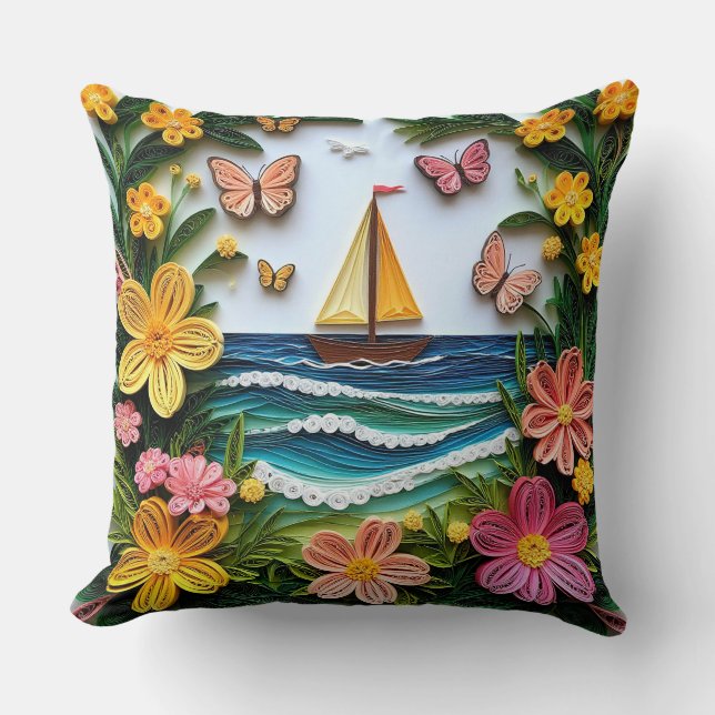 Quilled Nature Scene with Sailing Boat Throw Pillow (Front)