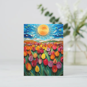 Quilled Tulip Field: Vibrant Sky & Sun Art Postcard