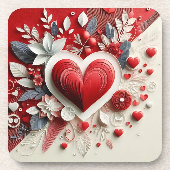 Quilling Hearts Flowers Design Valentine's Day Beverage Coaster (Front)