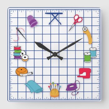 Quilt And Sew Time Square Wall Clock by pomegranate_gallery at Zazzle