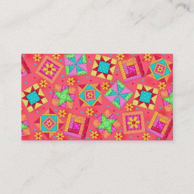 Quilt Art Business Card Coral Red Background (Front)