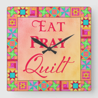 Quilt Block Border Art Eat Pray Quilt Yellow Coral Square Wall Clock