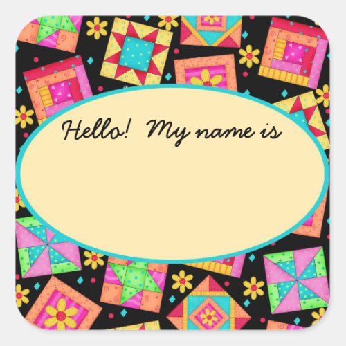 Quilt Blocks Black Name Tag or Label