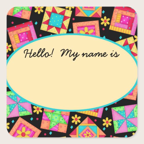 Quilt Blocks Black Name Tag or Label