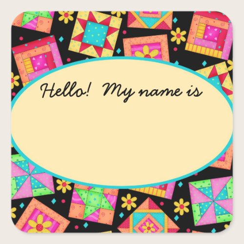 Quilt Blocks Black Name Tag or Label