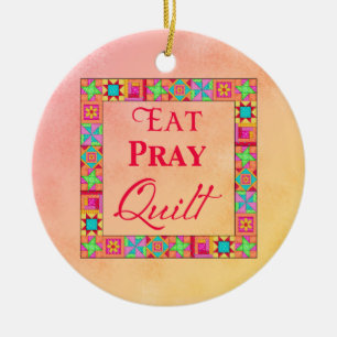 Quilt Blocks Border Art Eat Pray Quilt Coral Yello Ceramic Ornament