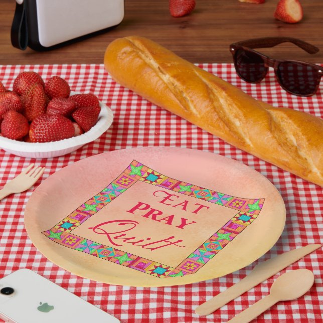 Quilt Blocks Border Eat Pray Quilt Coral Yellow Paper Plates (Picnic)
