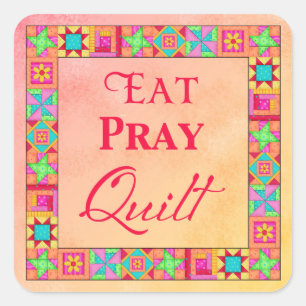 Quilt Blocks Border Eat Pray Quilt Coral Yellow Square Sticker