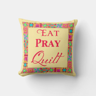 Quilt Blocks Patchwork Art Eat Pray Quilt Yellow Throw Pillow