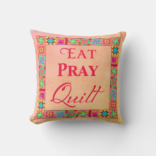 Quilt Blocks Patchwork Eat Pray Quilt Coral Yellow Throw Pillow