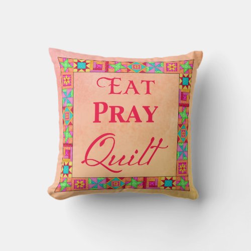 Quilt Blocks Patchwork Eat Pray Quilt Coral Yellow Throw Pillow