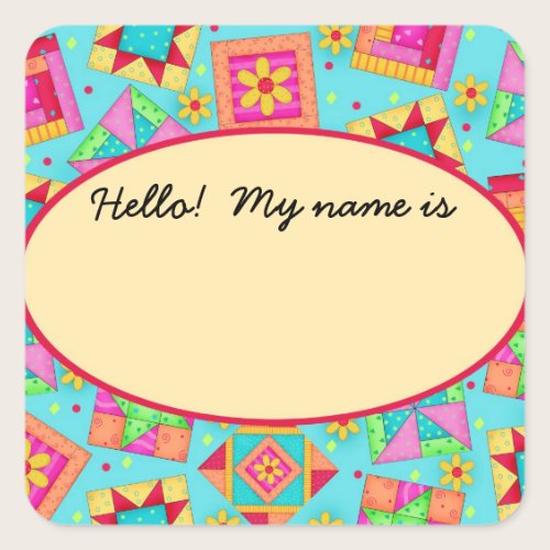 Quilt Blocks Turquoise Name Tag or Label