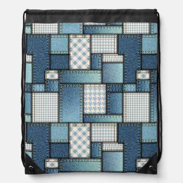 Quilt Denim Swatches Drawstring Backpack (Front)