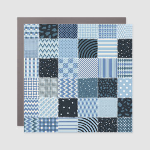 Quilt design, geometric patchwork, blue tones. car magnet