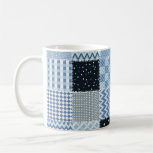 Quilt design, geometric patchwork, blue tones. coffee mug