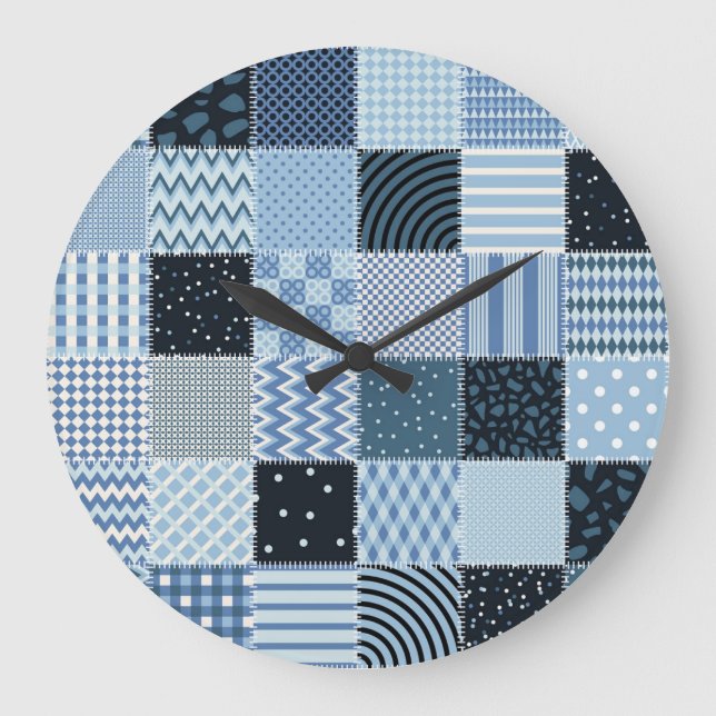 Quilt design, geometric patchwork, blue tones. large clock (Front)
