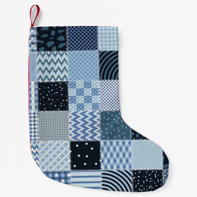 Quilt design, geometric patchwork, blue tones. small christmas stocking (Front)