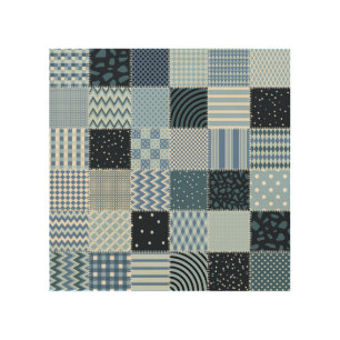 Quilt design, geometric patchwork, blue tones. wood wall art