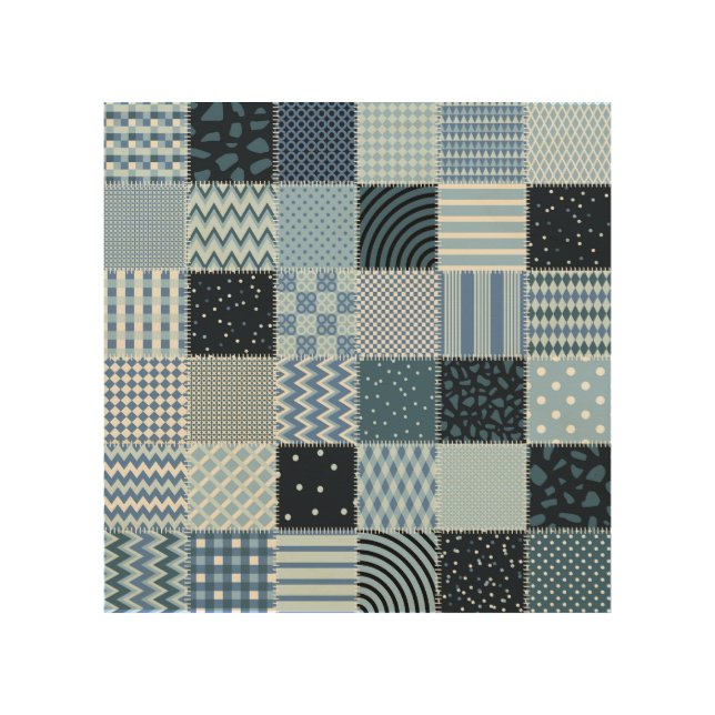 Quilt design, geometric patchwork, blue tones. wood wall art (Front)