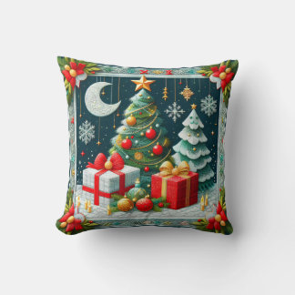 Quilt Look Christmas Scene Decorated Trees Throw Pillow