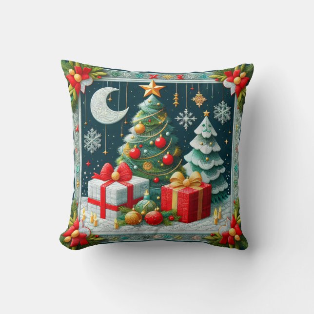 Quilt Look Christmas Scene Decorated Trees  Throw Pillow (Front)