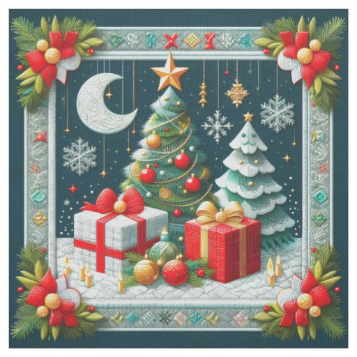 Quilt Look Christmas Scene Moon and Trees Fabric