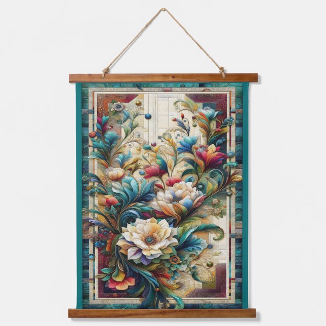 Quilt Look Florals Wood Topped Wall Tapestry (Front)