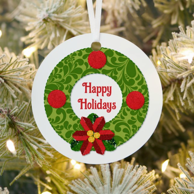  Quilt Look Wreath Personalized Metal Ornament (Insitu)