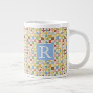QUILT MOSAIC Big White Mug + Text / Blue