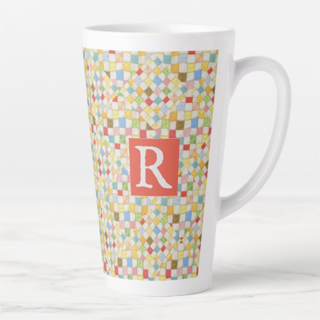 QUILT MOSAIC Tall Latte Mug + Text / Red (Right)