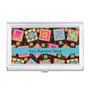 Quilt Patchwork Block Art on Black Background Business Card Case