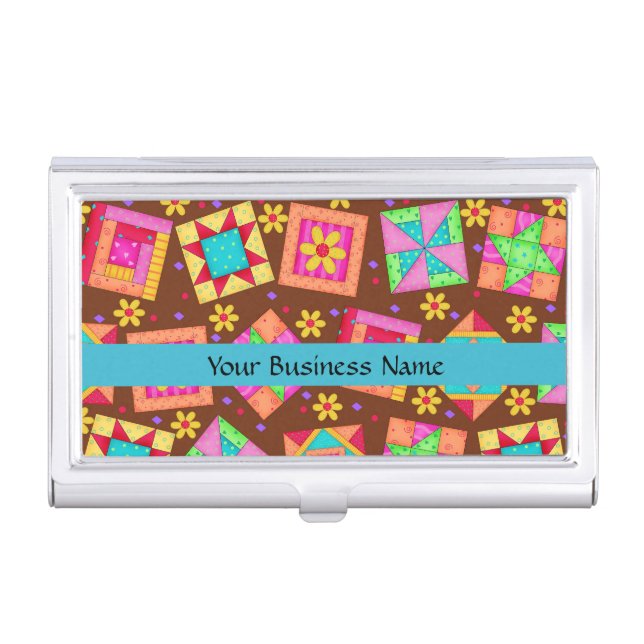 Quilt Patchwork Block Art on Brown Background Case For Business Cards (Front)