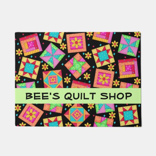Quilt Patchwork Blocks Black Store Name Doormat