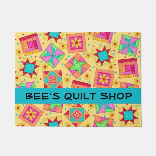 Quilt Patchwork Blocks Black Store Name Doormat