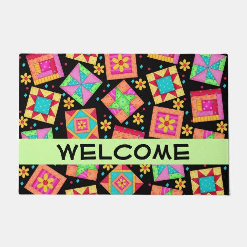 Quilt Patchwork Blocks Black Welcome Colorful Doormat