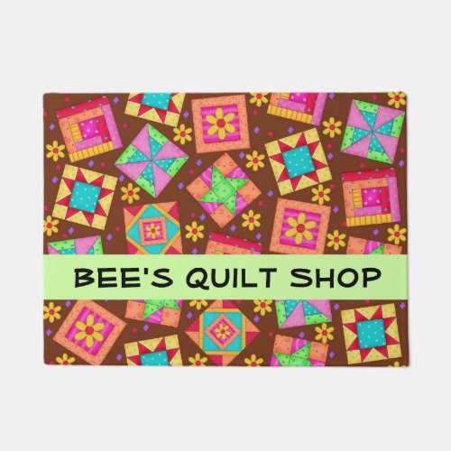 Quilt Patchwork Blocks Brown Store Name Doormat
