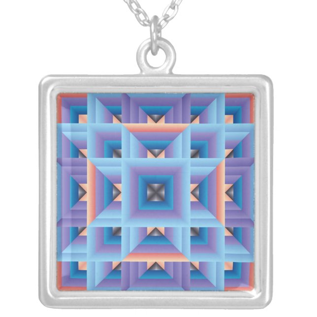 Quilt Pattern 3 blue purple Silver Plated Necklace (Front)