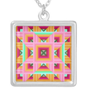 Quilt Pattern 3 pink and green Silver Plated Necklace