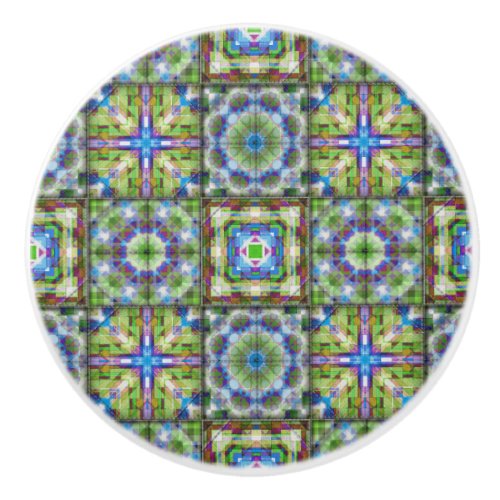 Quilt pattern ceramic knob blue green purple
