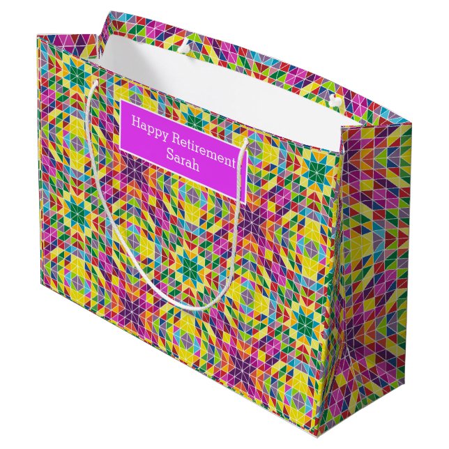 Quilt Pattern Happy Retirement Custom Text Large Gift Bag (Back Angled)