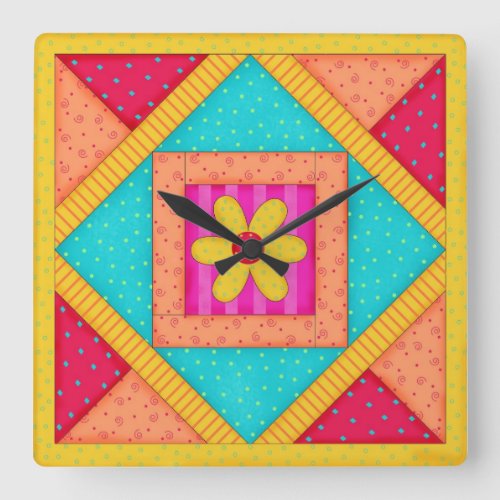 Quilt Red Turquoise Block Wall Clock