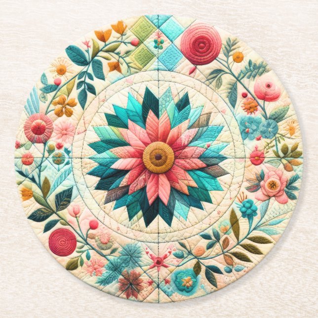 Quilt Round Paper Coaster (Front)