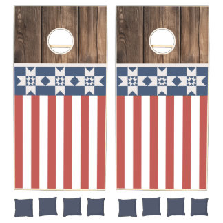 Quilt Stars and Stripes Rustic Wood Cornhole Set