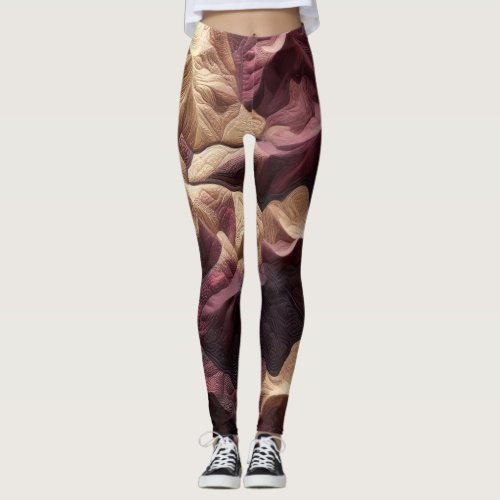 Quilted Abstract Burgundy Tan Topography Landscape Leggings