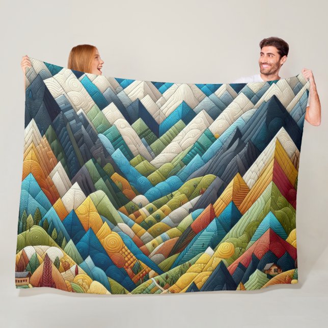 Quilted Abstract Mountain Scene Drawing Fleece Blanket (In Situ)