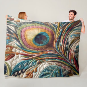 Quilted Abstract Peacock Feather Fleece Blanket